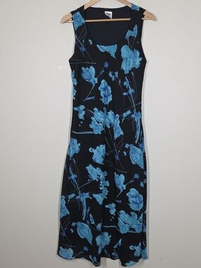 Vtg 90s Y2K Dark Floral Teal Blue Black Midi Dress Fairy Whimsigoth Cottage L